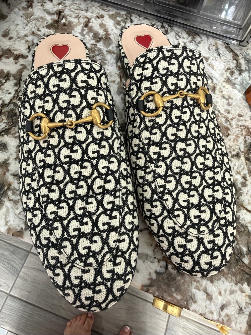 Gucci Black & White GG Jacquard Horsebit Mules